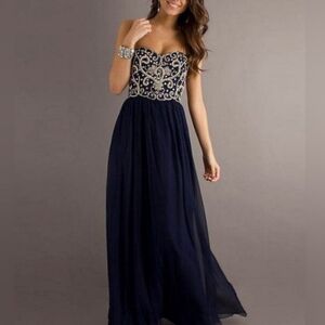 Navy Beaded Strapless Formal Dress